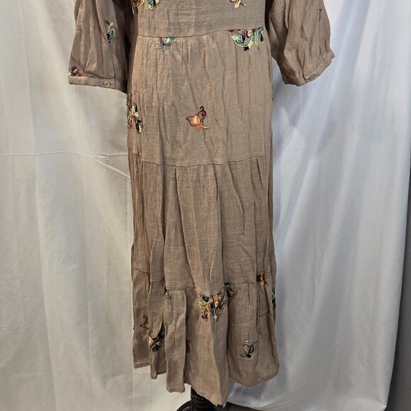Fig & Flower Flowy Brown Dress Size Large Embroidered Paisley Sea Shell Buttons - Picture 12 of 12